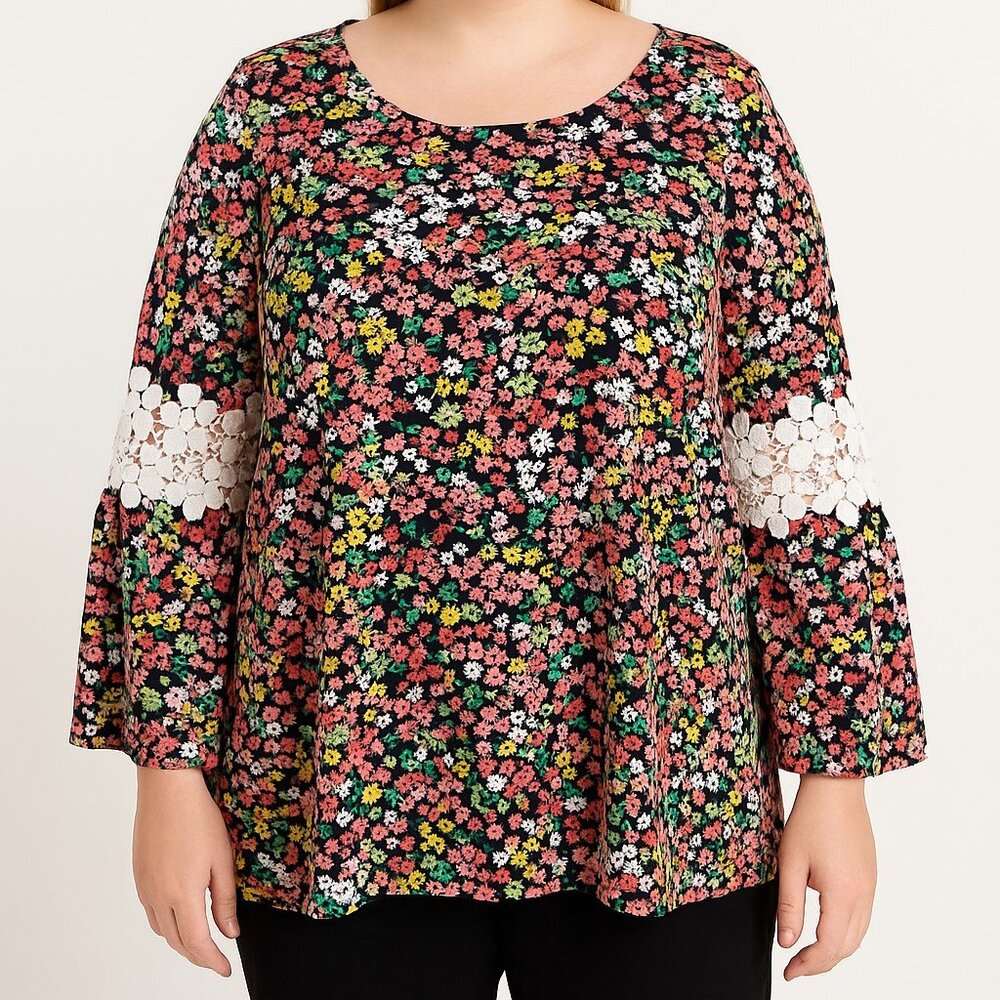 Tommy Hilfiger Black Floral Print 3/4 Lace Inset Bell Sleeve Knit Top Womens 3X